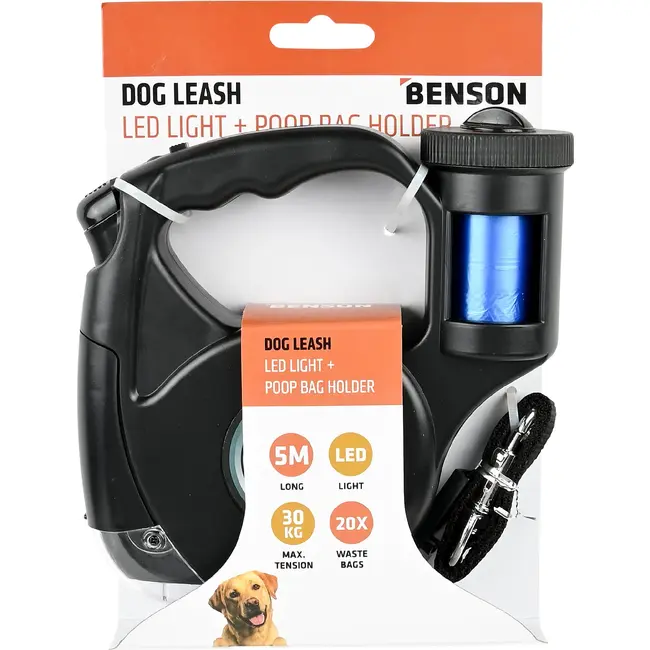 Benson Hondenriem 5 m met LED-licht en geïntegreerde poepzakhouder