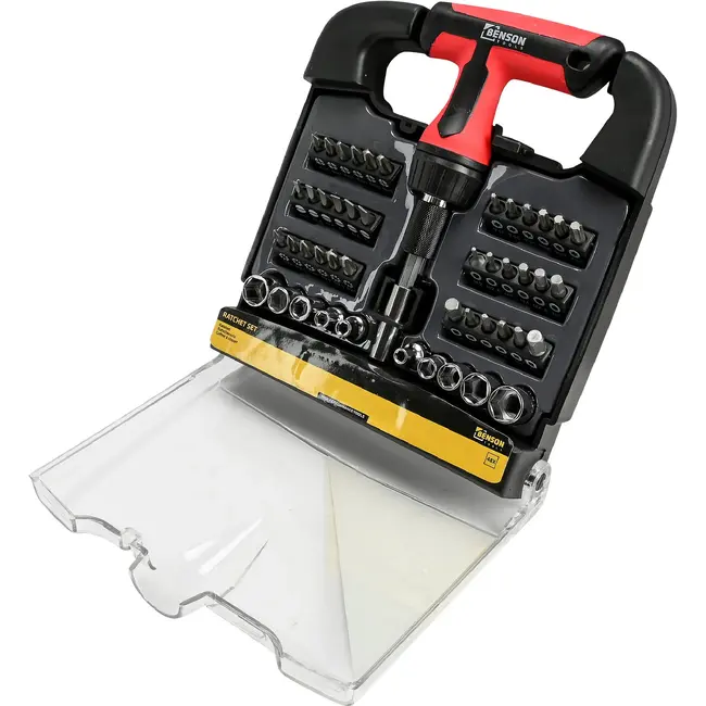 Benson Ratelset 48-delig rood-zwart met bits, doppen en handgreep