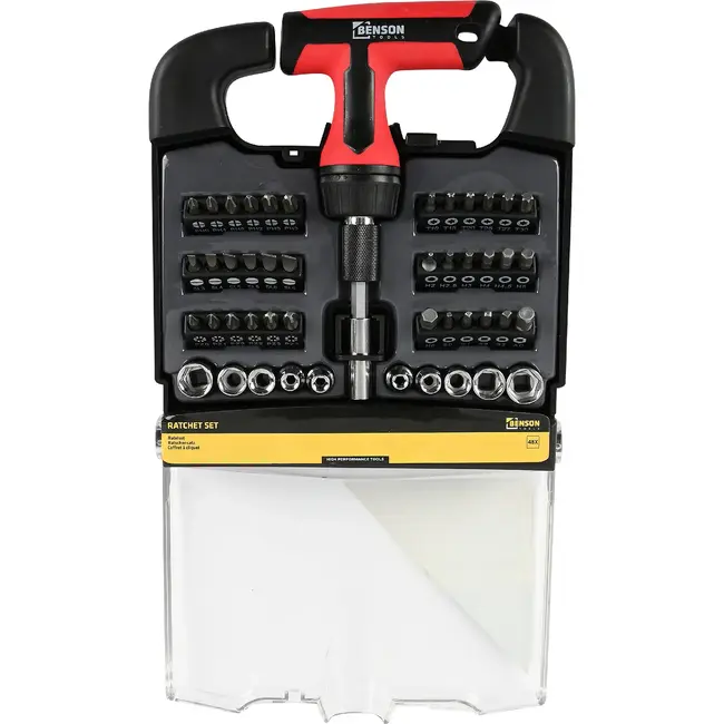 Benson Ratelset 48-delig rood-zwart met bits, doppen en handgreep