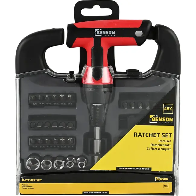 Benson Ratelset 48-delig rood-zwart met bits, doppen en handgreep