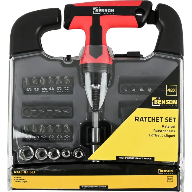 Benson Ratelset 48-delig rood-zwart met bits, doppen en handgreep