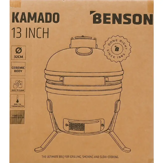 Benson Kamado 13 inch mat zwart met keramische body, thermometer en luchtregeling voor barbecue