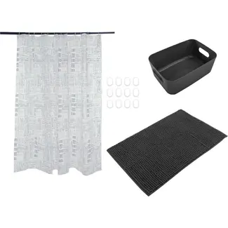 Benson Douche set 4-delig zwart met badmat, gordijn en opbergmand