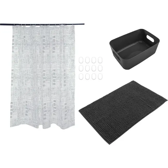 Benson Douche set 4-delig zwart met badmat, gordijn en opbergmand