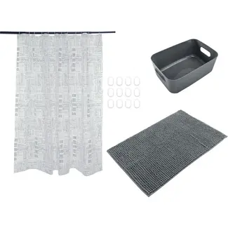 Benson Douche set 4-delig grijs met badmat, gordijn en opbergmand