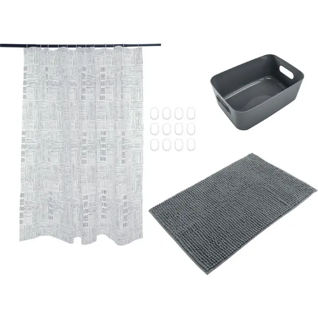 Benson Douche set 4-delig grijs met badmat, gordijn en opbergmand