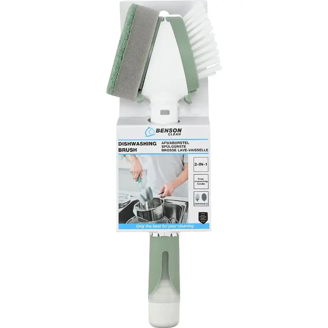 Benson Afwasborstel 2-in-1 met zeepdispenser, borstelkop en schuurspons voor dagelijks afwassen