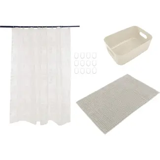 Benson Douche set 4-delig beige met badmat, gordijn en opbergmand