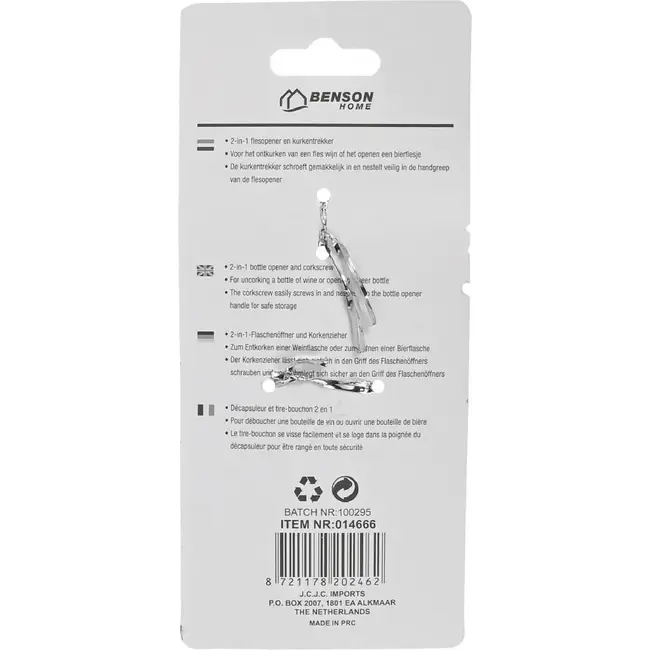 Benson 2-in-1 kurkentrekker en flesopener - ergonomisch ontwerp - roestvrij staal