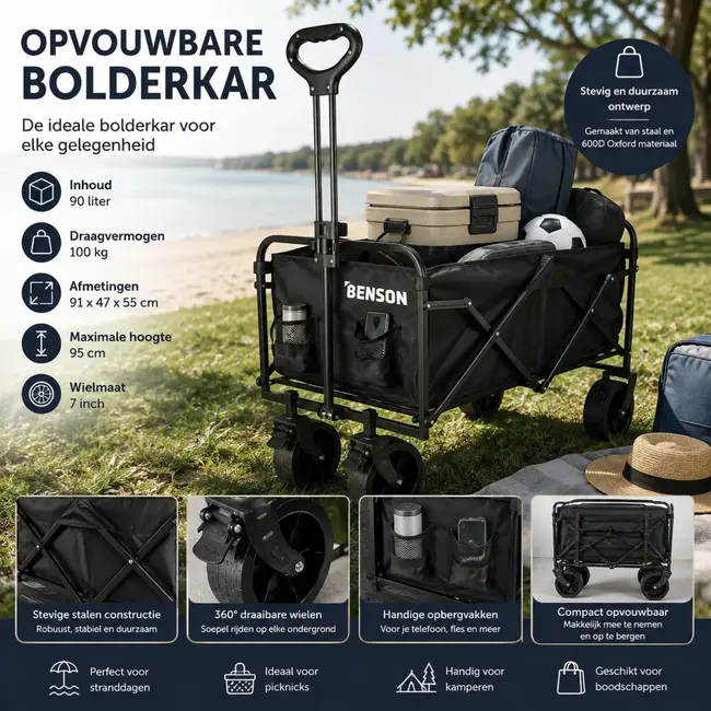 Benson Opvouwbare bolderkar 90 liter met brede 7 inch wielen 100 kg max