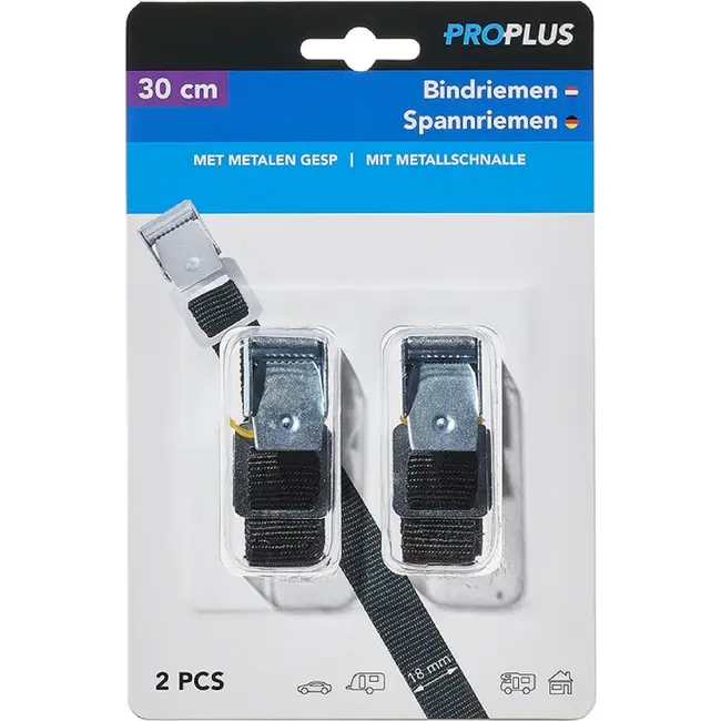 ProPlus Bindriemen met metalen gesp - 18 mm x 30 cm - zwart - set van 2