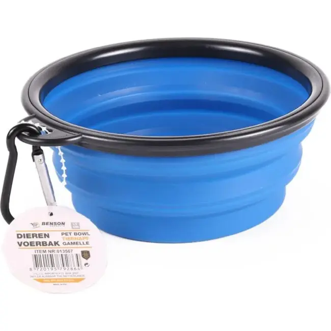 Benson Opvouwbare voer- en drinkbak - siliconen - Ø 13 cm - blauw - met karabijnhaak