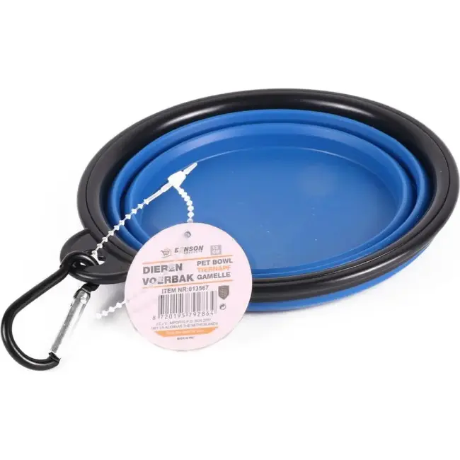 Benson Opvouwbare voer- en drinkbak - siliconen - Ø 13 cm - blauw - met karabijnhaak