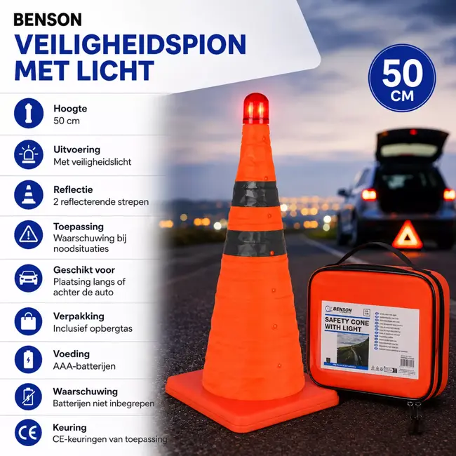 Benson Veiligheidspion 50 cm met licht en 2 reflecterende strepen