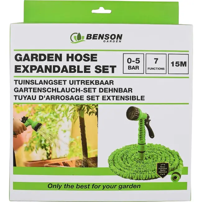 Benson Flexibele tuinslang met 7 standen sproeikop - 15 meter - groen - knikvrij
