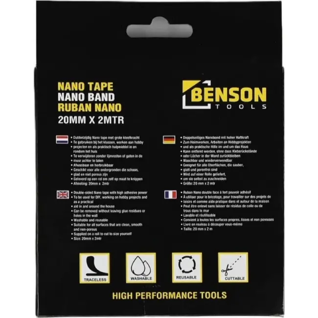 Benson Dubbelzijdige tape - Nano - 20 mm x 2 meter - Herbruikbaar en afwasbaar