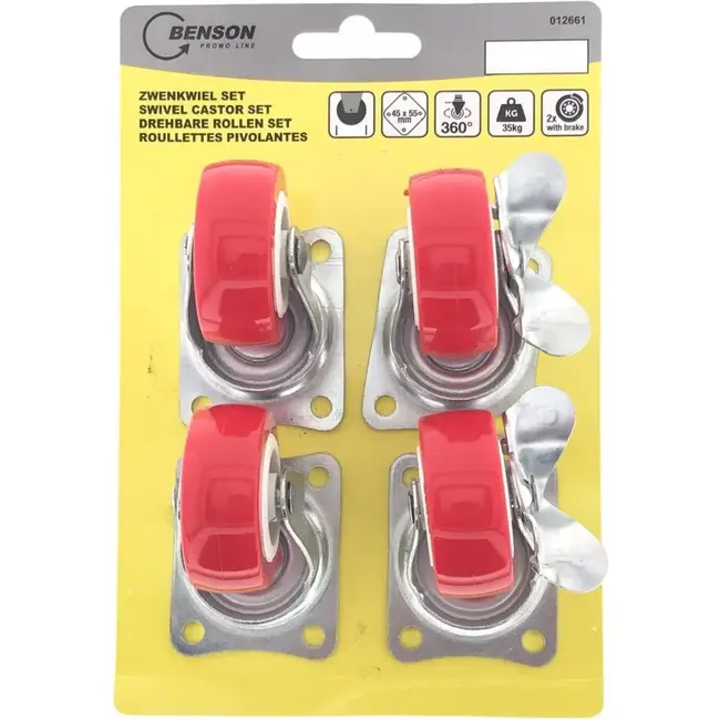 Benson Zwenkwielen set - geremd en ongeremd - 50 mm - rood - 4 stuks