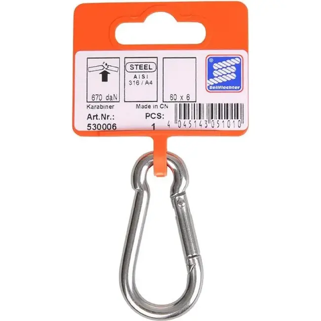 Seilflechter Karabijnhaak - RVS 316 - Corrosiebestendig - 60 mm - 130 kg hefvermogen - Zilver
