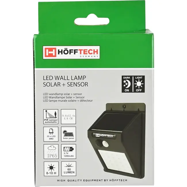 Hofftech Solar LED wandlamp - met PIR sensor - IP65 - weerbestendig - oplaadbaar