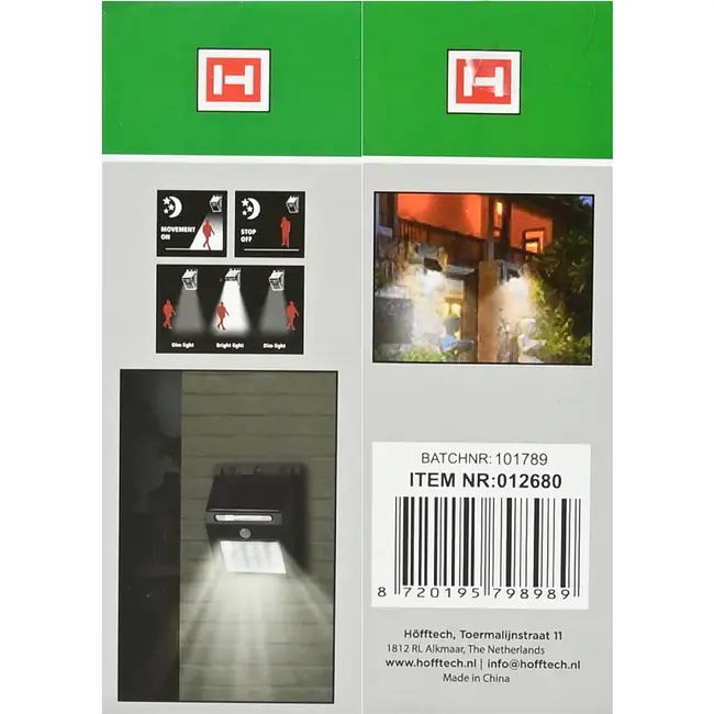 Hofftech Solar LED wandlamp - met PIR sensor - IP65 - weerbestendig - oplaadbaar