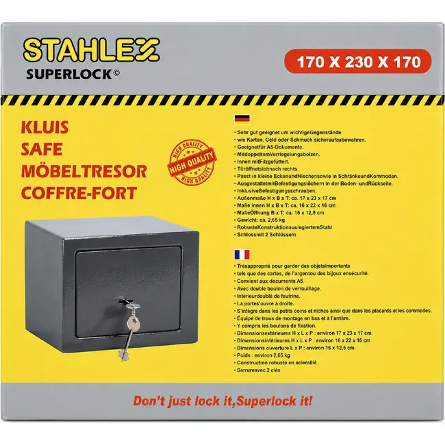 Stahlex Compacte kluis - staal - dubbele vergrendeling - 23 x 17 x 17 cm - 2 sleutels