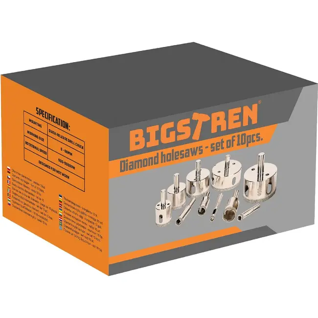 Bigstren 10-delige Diamantboorset voor Professionals - Ø 6, 8, 10, 16, 20, 28, 35, 45, 50 en 68 mm