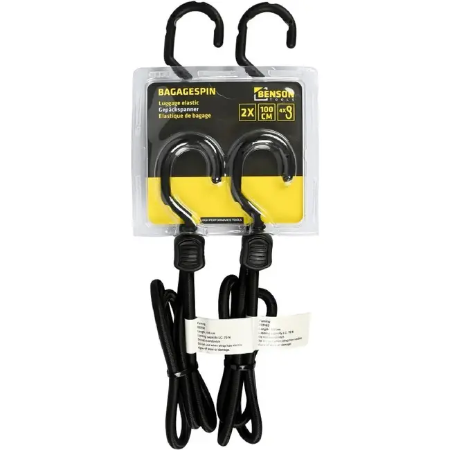 Benson Elastische bagagespin - 100 cm - Zwart - 2 stuks - sterke haken