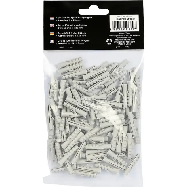 Benson Nylon pluggen - 5 mm x 25 mm - 100 stuks - stevige bevestiging - veelzijdig gebruik