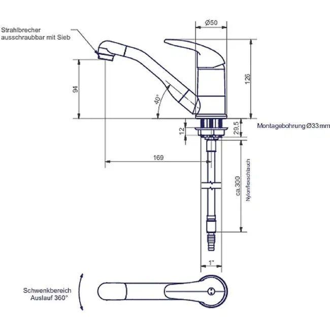 Eengreepsmengkraan Roma 12V Ø33 mm chroom uitloop 170 mm