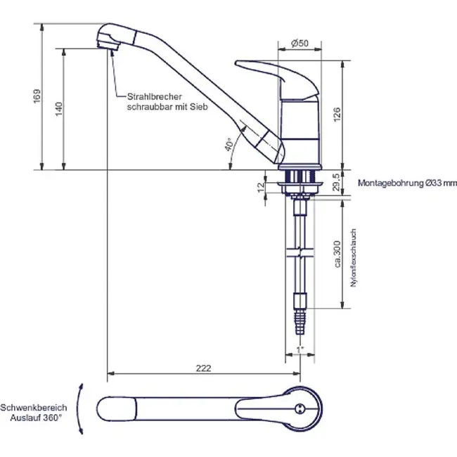 Comet Eengreepsmengkraan 12 V chroom met uitloop 220 mm Ø33 mm