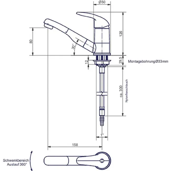 Eengreepsmengkraan Roma 12V Ø33 mm met sproei-uitloop 30° - chroom