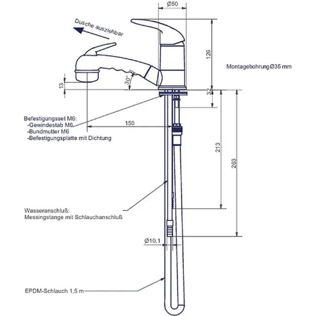 Eengreepsmengkraan Roma 12V Ø33 mm choom met handdouche