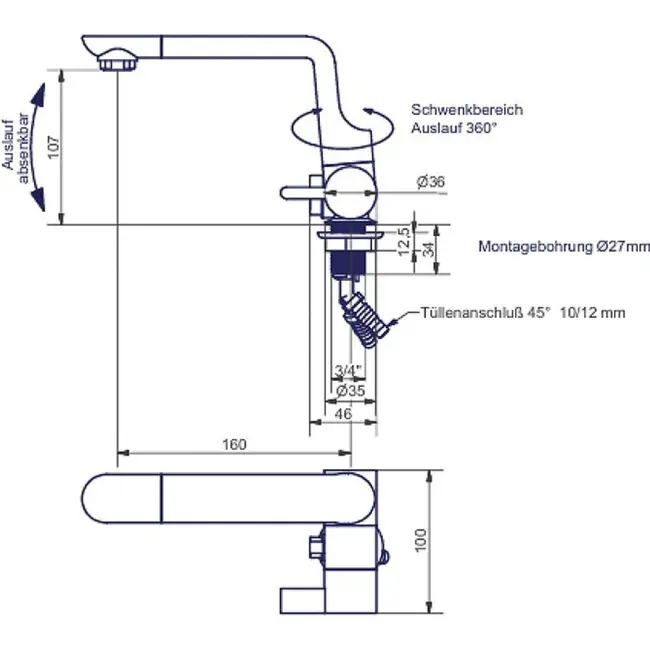 Eengreepsmengkraan Arona 12V Ø27 mm chroom uitloop 160 mm