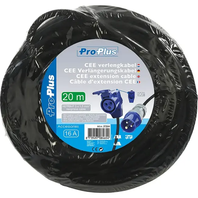 ProPlus Verlengkabel - 20 meter - Haakse contrastekker - Schuko stopcontact - 3 x 1.5 mm²