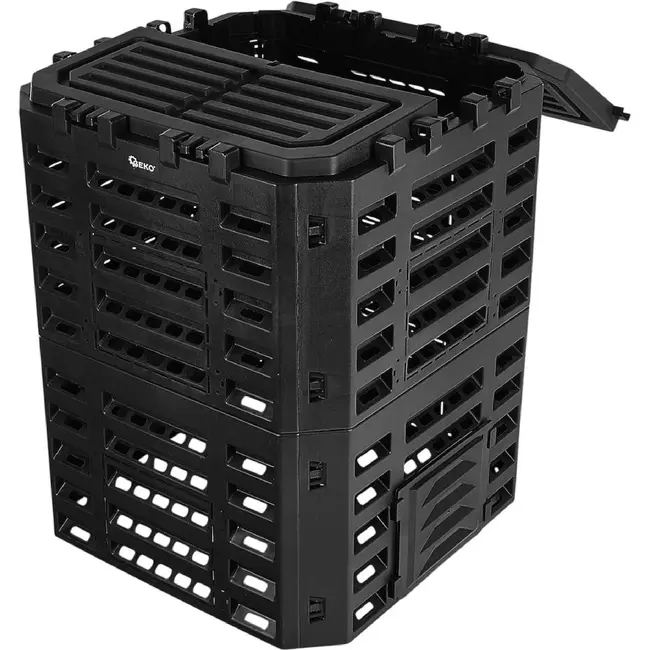 GEKO Compostbak 320 l zwart met ventilatiewanden, dubbele bovenklep en twee handige onderkleppen