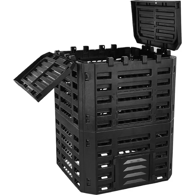 GEKO Compostbak 320 l zwart met ventilatiewanden, dubbele bovenklep en twee handige onderkleppen