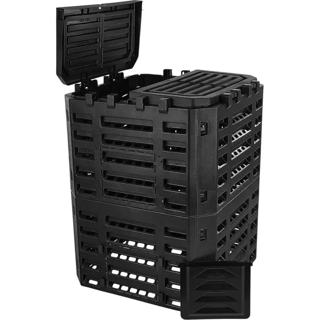 GEKO Compostbak 320 l zwart met ventilatiewanden, dubbele bovenklep en twee handige onderkleppen