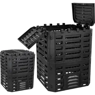 GEKO Compostbak 320 l zwart met ventilatiewanden, dubbele bovenklep en twee handige onderkleppen