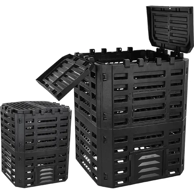 GEKO Compostbak 320 l zwart met ventilatiewanden, dubbele bovenklep en twee handige onderkleppen