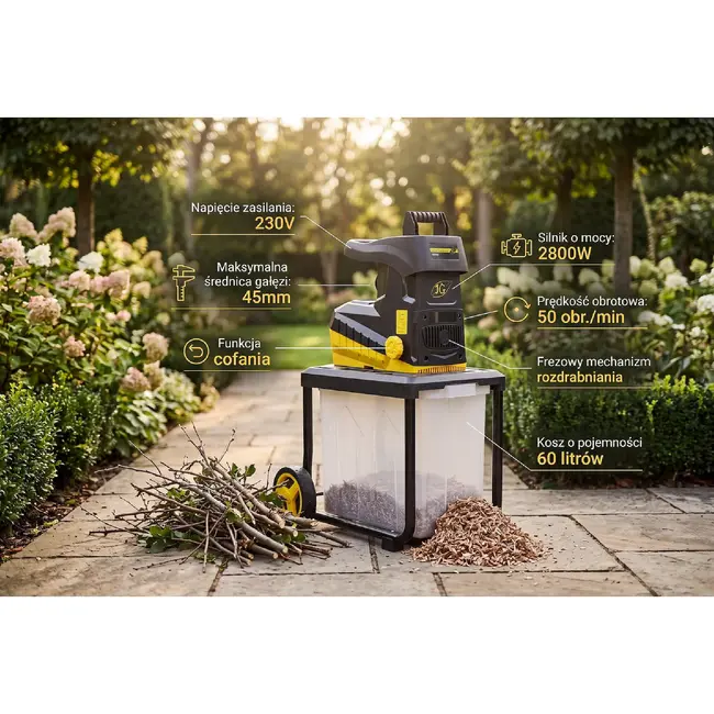 GEKO Stille tuinhakselaar 2800 W met freesmechanisme, 45 mm takcapaciteit en 60 l opvangbak