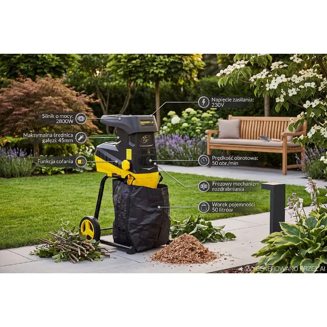 GEKO Stille tuinhakselaar 2800 W met freesmechanisme, 45 mm takcapaciteit en opvangzak van 50 l