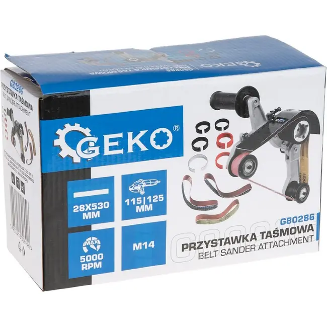 GEKO Bandvijl-opzetstuk voor haakse slijper 115/125 mm met M14 en schuurband 28 x 530 mm voor buizen