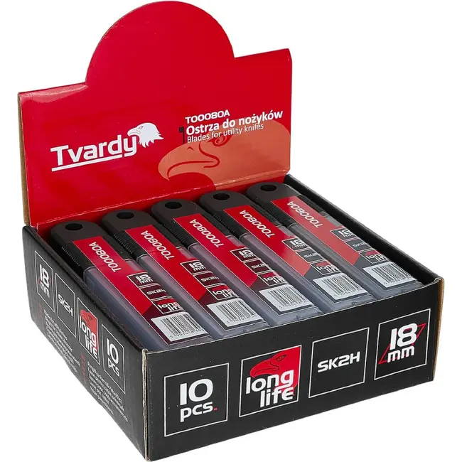 Tvardy Afbreekmesjes 18 mm SK2H 100 x 18 x 0,5 mm - displaydoos met 20 verpakkingen van 10 mesjes