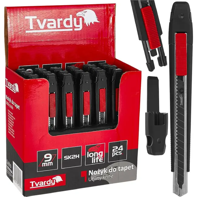 Tvardy Afbreekmes 9 mm met SK2H-mes 80 x 9 x 0,4 mm - displaydoos met 24 stuks voor snijwerk