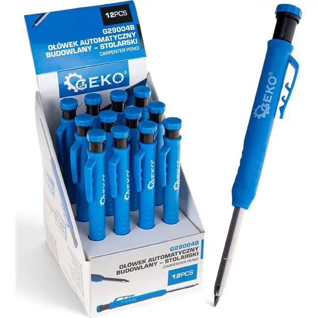 GEKO Automatisch timmermanspotlood 2,8 mm HB met slijper en clip - displaydoos met 12 stuks
