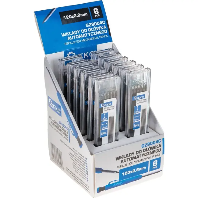 GEKO Refills voor een timmermanspotlood 2,8 mm x 120 mm - displaydoos met 12 sets van 6 stuks