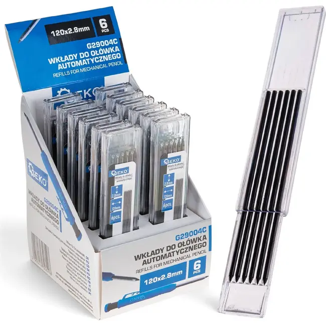 GEKO Refills voor een timmermanspotlood 2,8 mm x 120 mm - displaydoos met 12 sets van 6 stuks