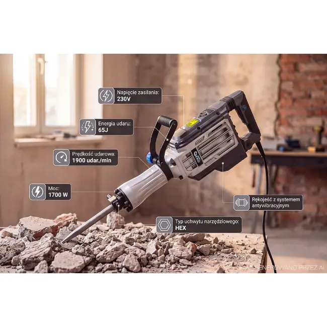 GEKO Sloophamer 65 J 1700 W met HEX 30 mm, 1900 slagen/min en antivibratiegreep voor sloopwerk