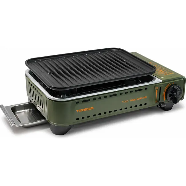TIROSS Draagbaar gasfornuis met grillplaat 1,78 kW, piezo-ontsteking en vetopvang voor camping TS-268