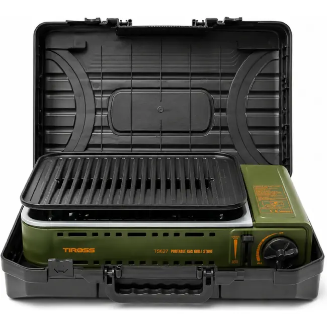 TIROSS Draagbaar gasfornuis met grillplaat 1,78 kW, piezo-ontsteking en vetopvang voor camping TS-268
